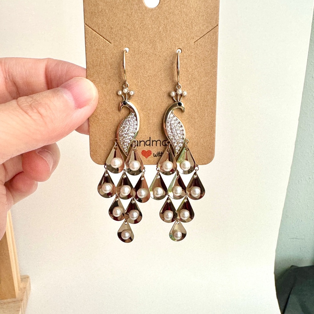 Champagne Gold Peacock Dangle Earrings Pearl Drop Statement Piece